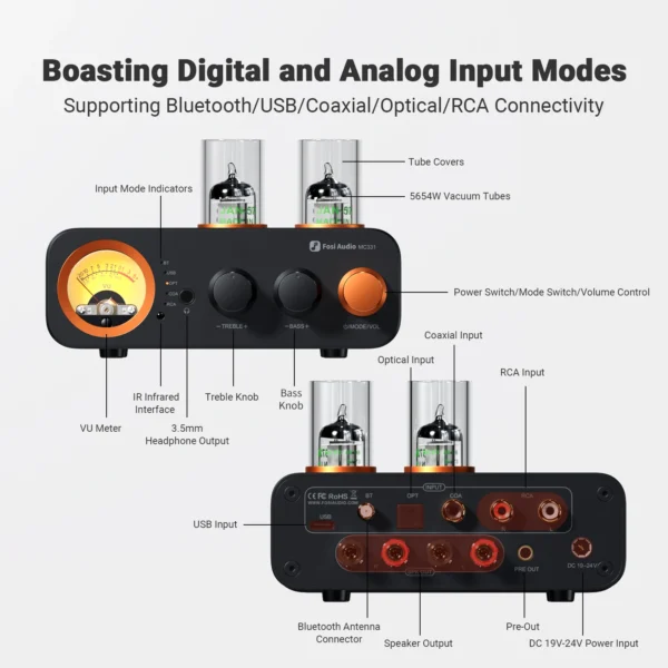 Fosi Audio MC331 2.0 Channel Bluetooth Stereo Integrated Tube Amplifier, Mini All-in-One DAC Audio Power Amp for Passive Speaker - Image 2